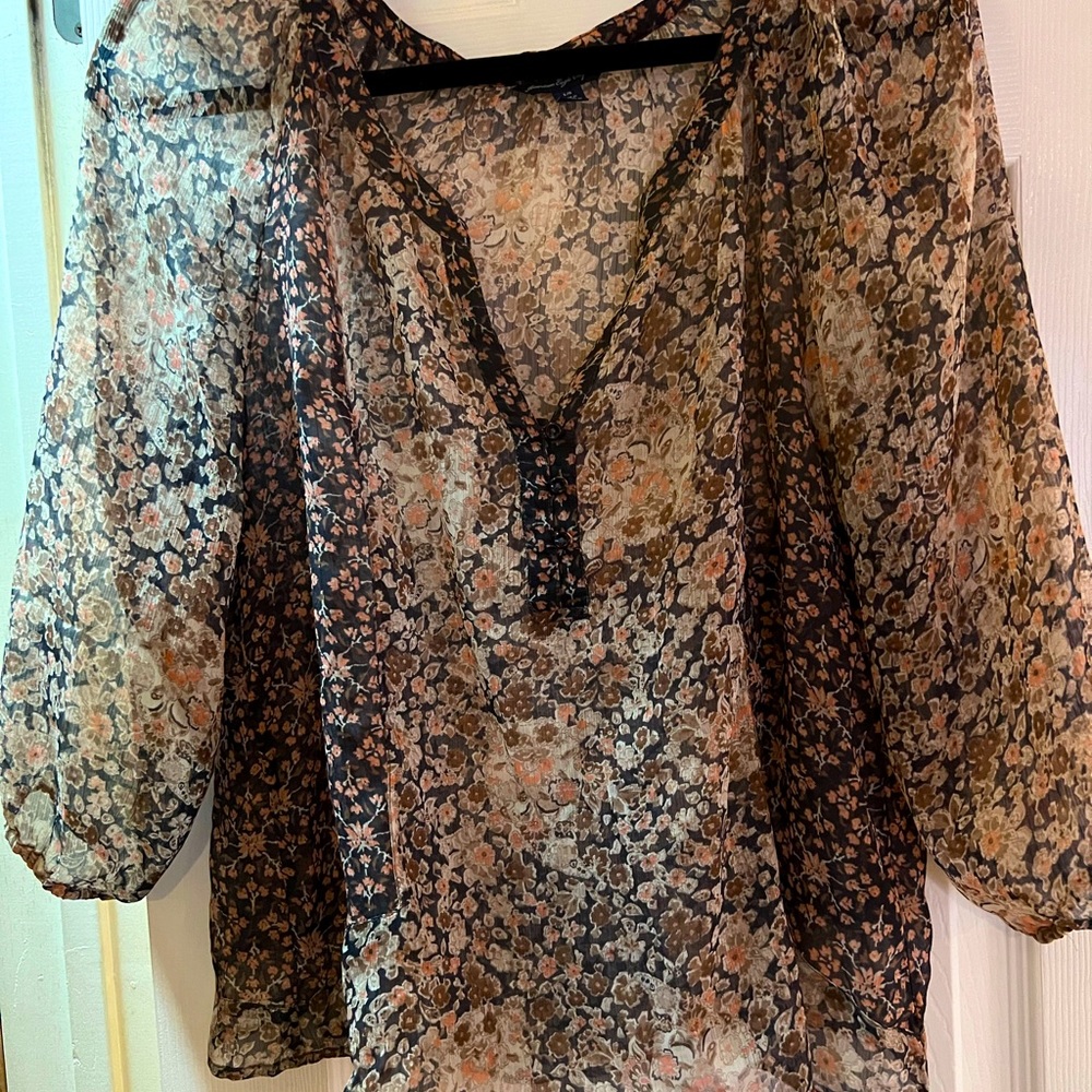 American Eagle Sheer Floral Peasant Shirt